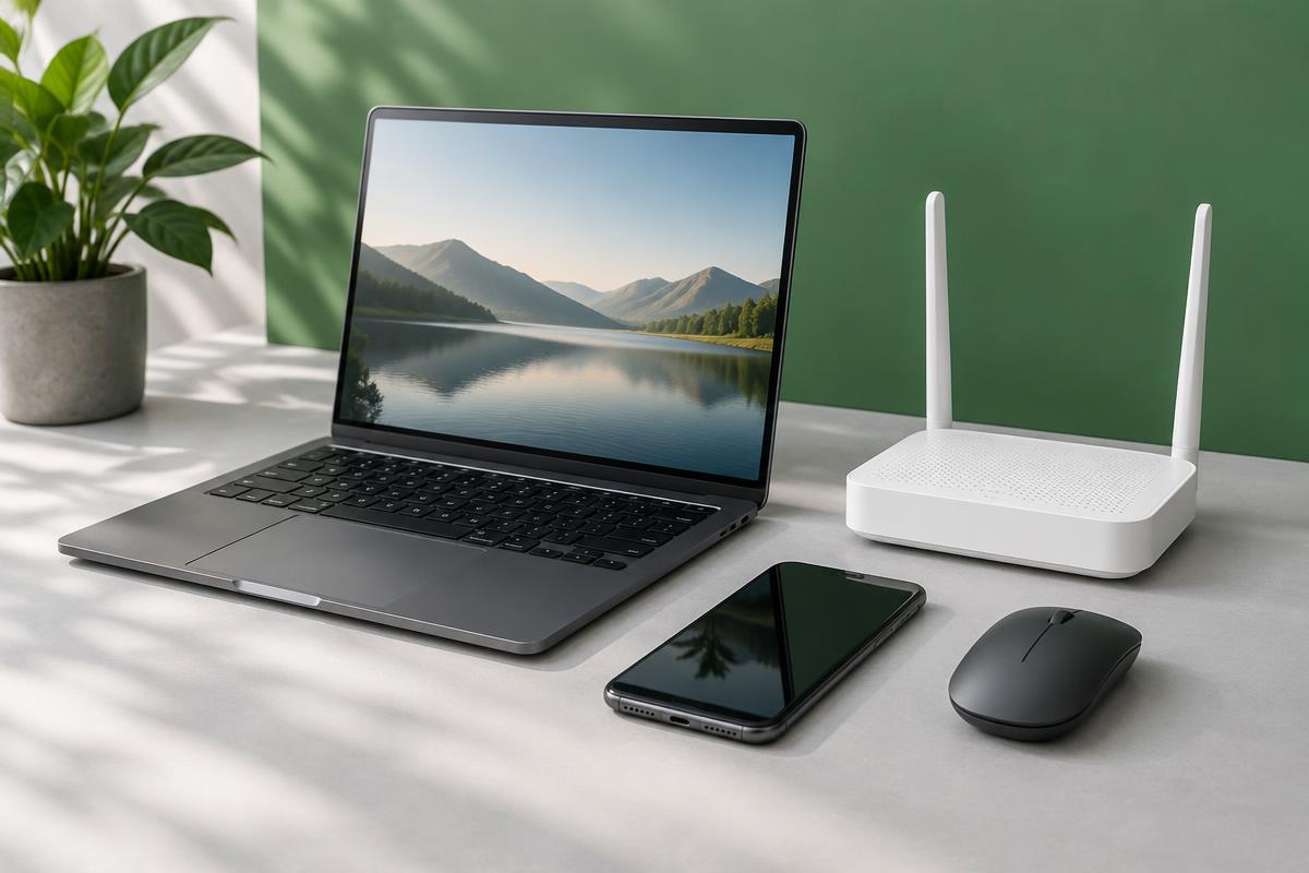 Illustrative laptop, router, phone and mouse technology selection